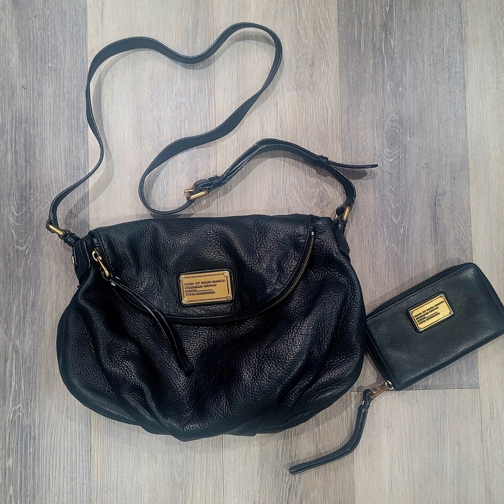 Black Leather Shoulder Bag and Wallet Set